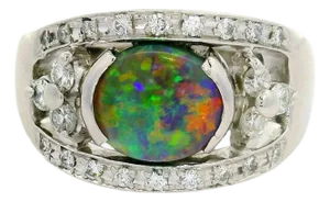 1.37 Carat Australian Black Opal Diamond 18k White Gold Ring, Size 8.25
