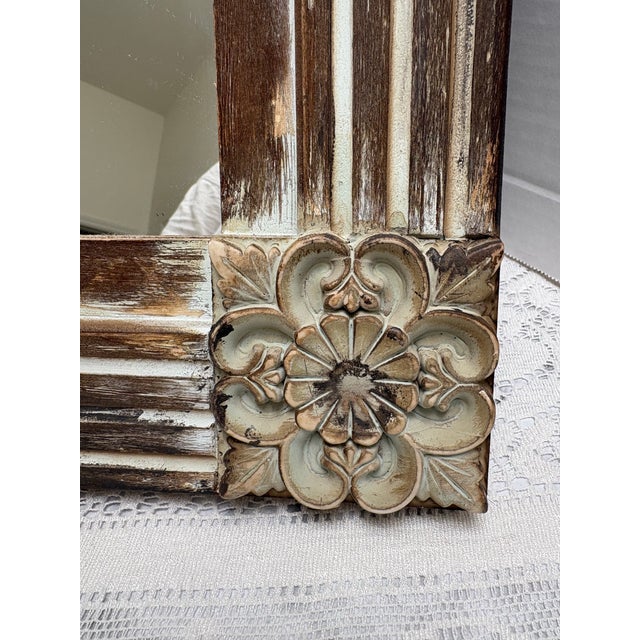 1970s Vintage Rustic Carved Wood Wall Mirror With Flowers For Sale - Image 5 of 6