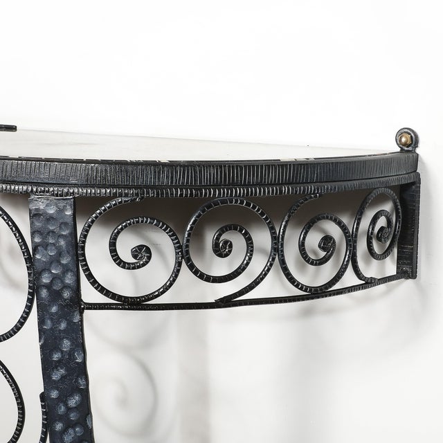 Art Deco Demilune Wrought Iron Spiral Motif & Porto Marble Inset Console Table For Sale - Image 10 of 13