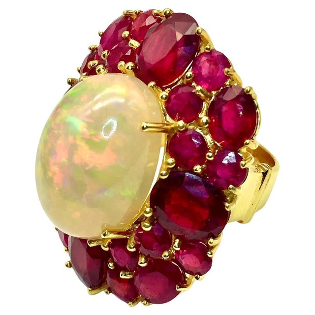 Bochic "Capri" Vintage Ruby & Fire Opal Cluster Ring Set In 18K Gold & Silver For Sale - Image 15 of 18