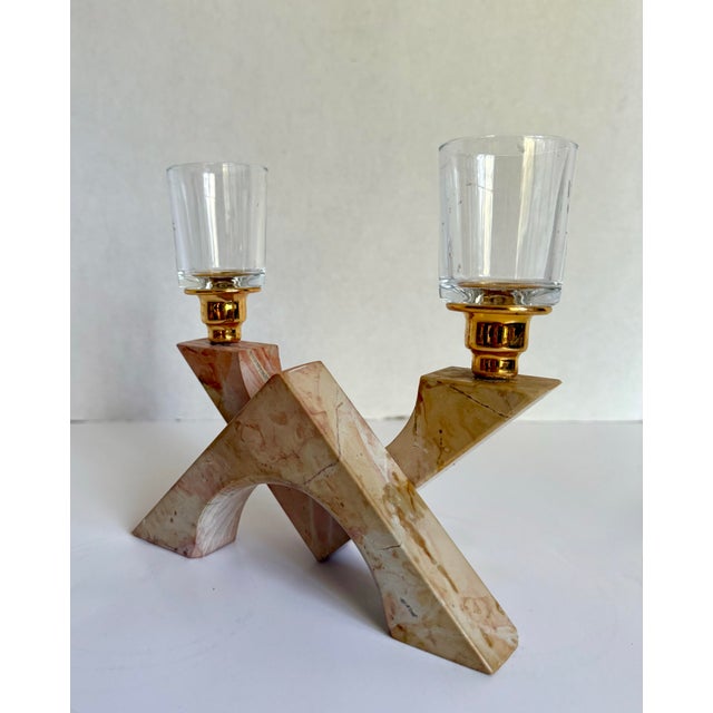 Contemporary Vintage Postmodern Pink Marble Sculptural Double Candle Holder For Sale - Image 3 of 9