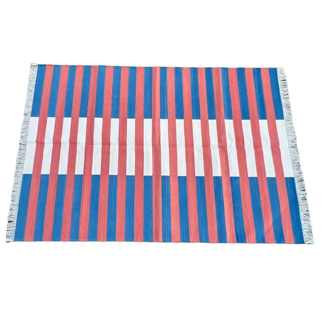 Mid-Century Modern Handwoven Cotton Area Rug, Vegetable Dyed Blue, Terracotta and Cream Striped Dhurrie - 10'x14' For Sale - Image 3 of 10