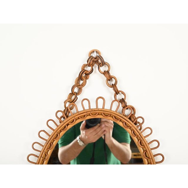 Oval Mirror with Chain in Curved Rattan and Bamboo by Franco Albini, Italy, 1960s For Sale - Image 9 of 12