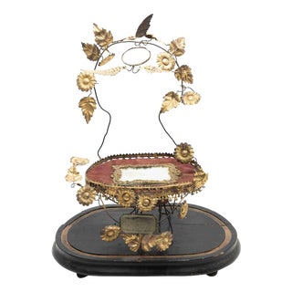 19th Century French Wedding Globe de Mariée in Gilt Frame and Red Velvet Cushion For Sale