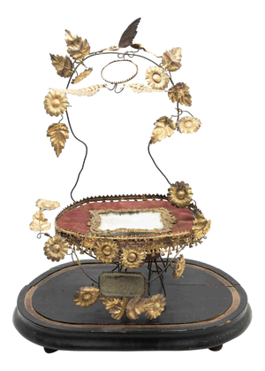 19th Century French Wedding Globe de Mariée in Gilt Frame and Red Velvet Cushion