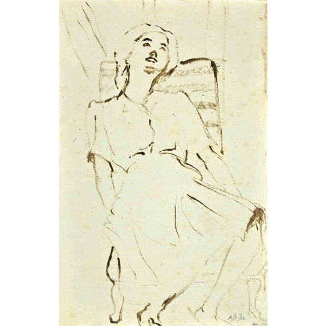 Mino Maccari, The Seated Woman, Original Drawing, Mid-20th-Century For Sale