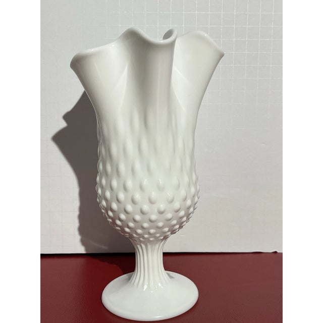 White Vintage Fenton Milk Glass Vase Hobnail Handkerchief Swung Vase For Sale - Image 8 of 8