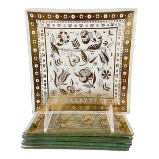 Vintage MCM Square Georges Briard Glass Serving Snack Trays Gold Flowers. Set of 7 For Sale