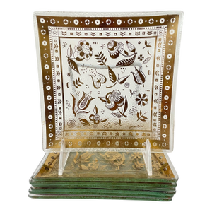 Vintage MCM Square Georges Briard Glass Serving Snack Trays Gold Flowers. Set of 7