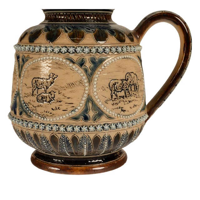 Antique Aesthetic Movement Doulton Lambeth Hannah Barlow Stoneware Jug Sheep, 1873 For Sale - Image 16 of 17