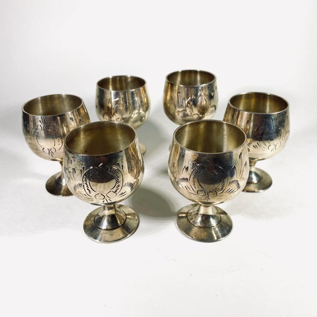 1960s 1960s Silverplate Etched Cordial Goblets - Set of 6 For Sale - Image 5 of 10