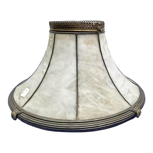 Antique Curved Slag Glass Bronze Lamp Shade For Sale
