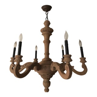 Restoration Hardware Sculpted Natural Wood Six Light Chandelier For Sale