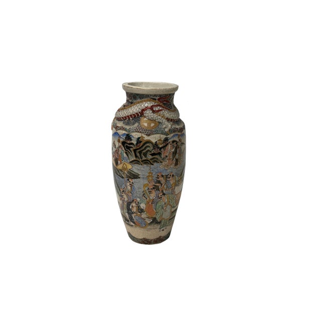 Vintage Asian Satusma Ceramic Handpainted Samurai Relief Dragon Motif Vase For Sale - Image 4 of 18