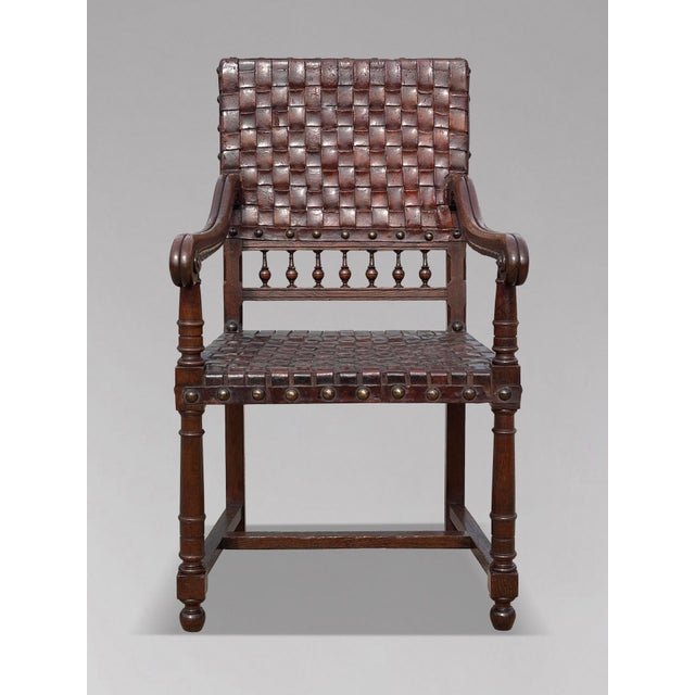 Brown Oak and Woven Leather Armchairs, 1880s, Set of 2 For Sale - Image 8 of 13