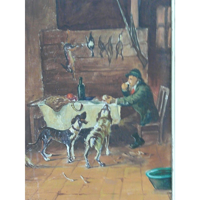 A captivating mid‑century oil painting depicting a rustic hunting interior, this composition features a hunter seated at a...