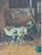 A captivating mid‑century oil painting depicting a rustic hunting interior, this composition features a hunter seated at a...