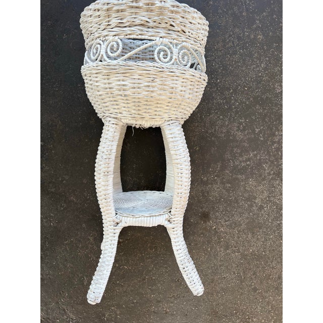 Wood Vintage Mid Century White Wicker Plant Stand For Sale - Image 7 of 9
