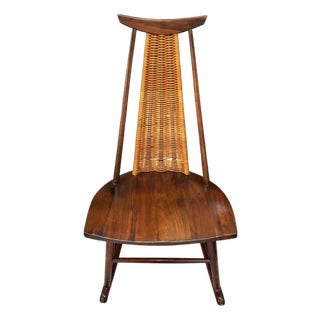 Mid-Century Modern Rocking Chair in Solid Walnut & Rattan by Arthur Umanoff for Washington Woodcraft, Usa, C. 1960's For Sale