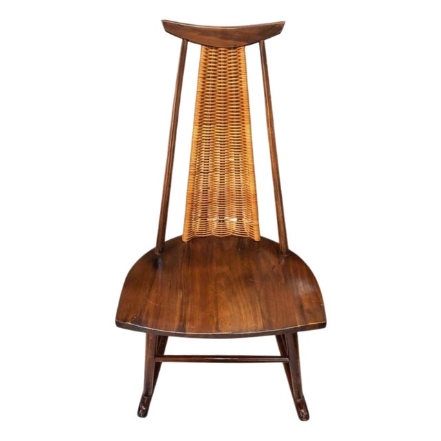 Mid-Century Modern Rocking Chair in Solid Walnut & Rattan by Arthur Umanoff for Washington Woodcraft, Usa, C. 1960's For Sale