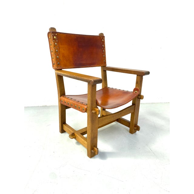Vintage French Brutalist Castle Armchair in Oak and Cognac Leather, 1920s For Sale - Image 14 of 16