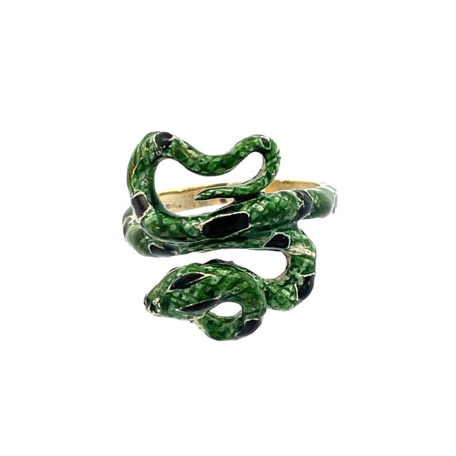 Vintage 14k Yellow Gold Green & Black Enamel Snake Ring, Size 9.25 For Sale - Image 10 of 11