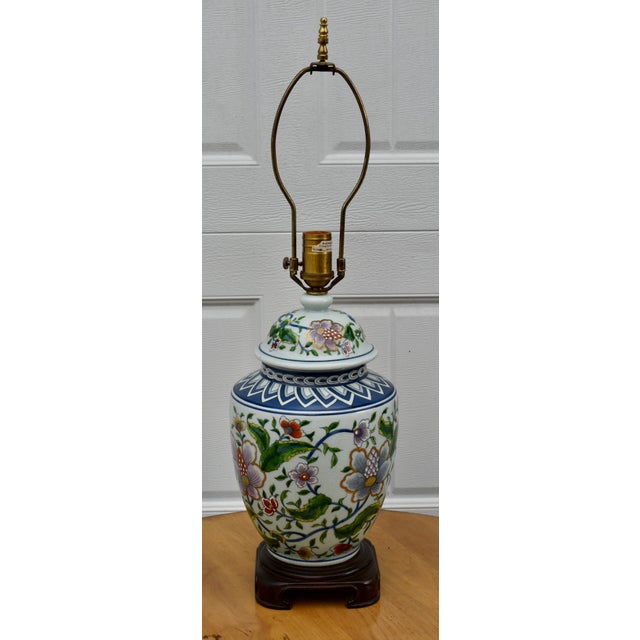 Vintage Ceramic Table Lamp Ginger Jar Floral Hand Painted Wood Base For Sale - Image 12 of 17