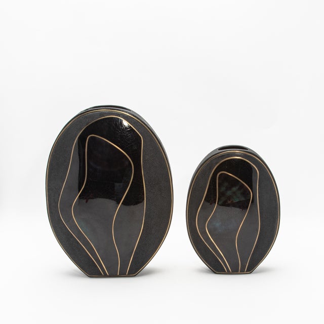 Metal Modern Vase in Shagreen With Black Shell and Brass Details by R&y Augousti For Sale - Image 7 of 10