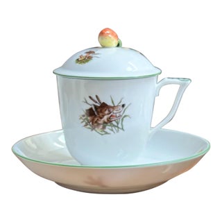 1940s Rare 3 Pcs. Herend Forest Wolf Hot Chocolate Lidded Strawberry Cup 7”x3” W/5.5”Saucer-6 Oz. For Sale