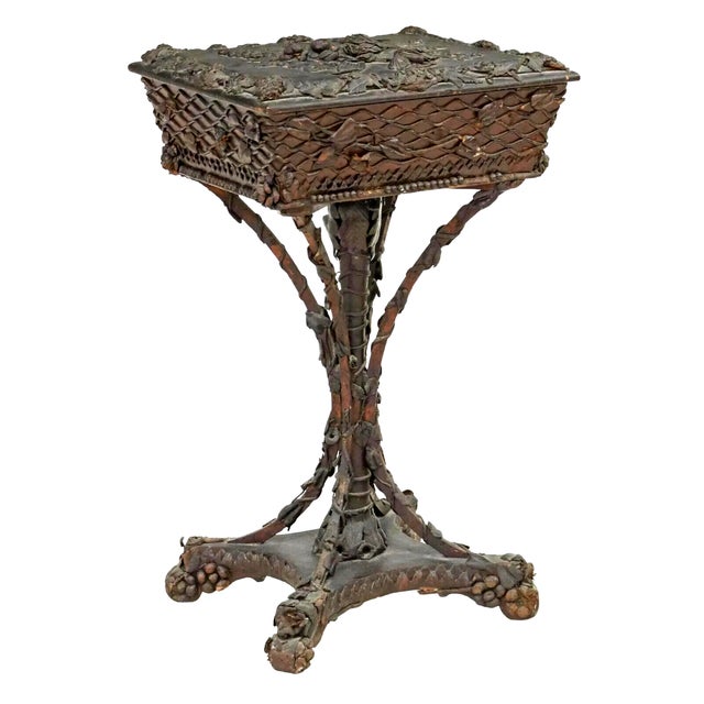 1800's Antique on Stand, Victorian, Wood & Leather, Red Velvet Lined Sewing Box For Sale - Image 4 of 5