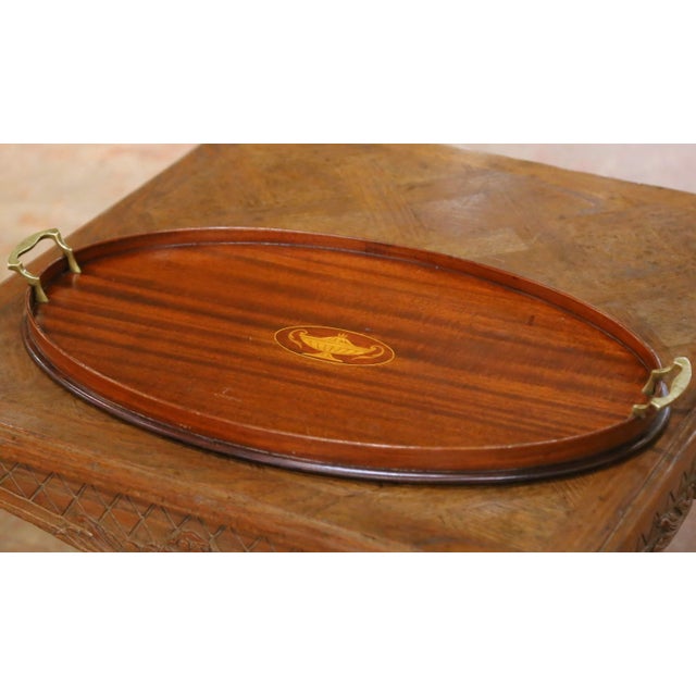 Mid 20th Century Mid-Century English Burl Walnut Oval Serving Tray With Brass Handles For Sale - Image 5 of 9
