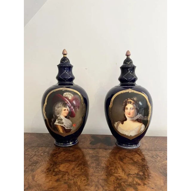 Victorian Porcelain Hand Painted Lidded Vases, 1860s, Set of 2 For Sale - Image 10 of 10