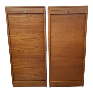 Pair Danish Mid 20th Century Modern Teak Tambour Fall Front Open Drawers File Cabinets