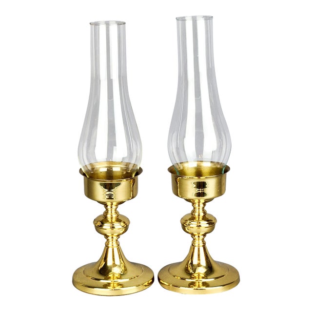 Pair of Vintage Brass Copper Craft Usa Candle Holders With Hurricane Glass Shades For Sale