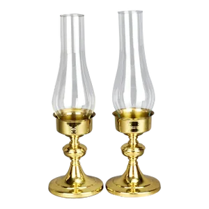 Pair of Vintage Brass Copper Craft Usa Candle Holders With Hurricane Glass Shades