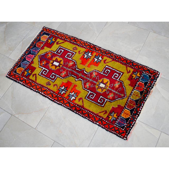 Front of Kitchen Sink Rug, Hand Made Bath Mat Colorful Turkish Rug - 1′12″ × 3′8″ For Sale - Image 10 of 14