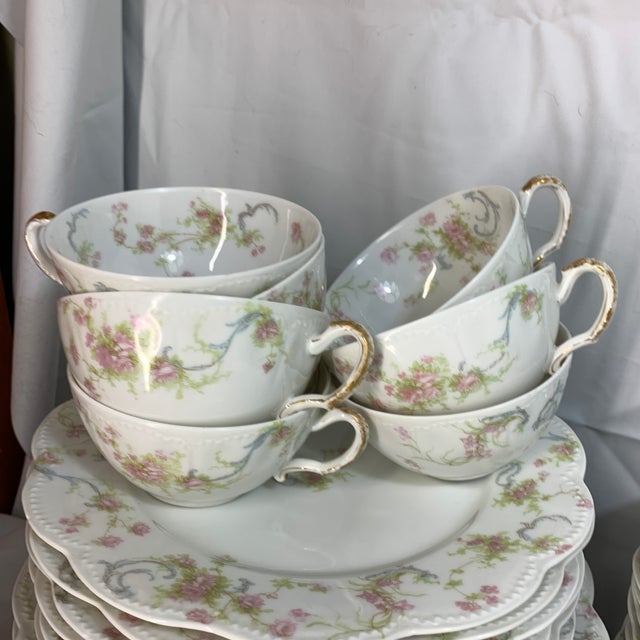 Antique French Haviland Limoges “Princess” Pink Flowers Blue Ribbons Dinnerware Set With Tea Cups - Service for 8 - 48 Pieces For Sale In Chicago - Image 6 of 12