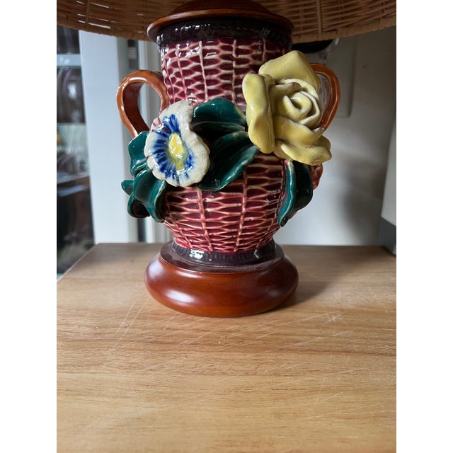 1940s Vintage Barbotine Table Lamp With Wicker Shade For Sale - Image 5 of 12