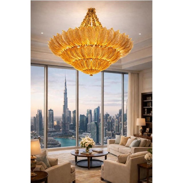 Realized in pure Murano glass, each chandelier consist of an incredible number of leaves. Gold-painted frame\. Eighteen...