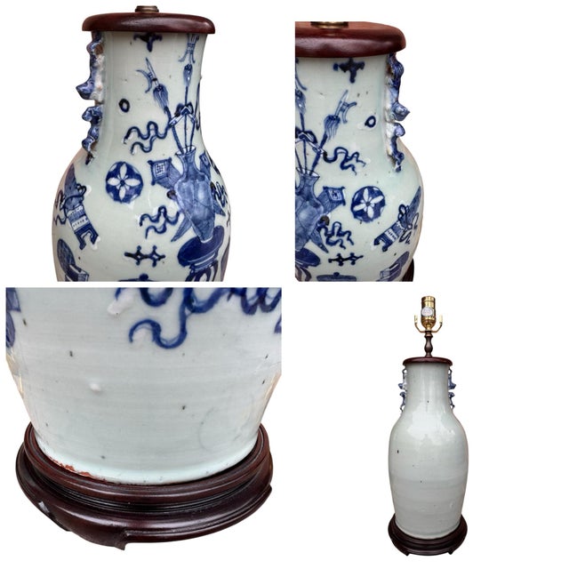 Wood 19th Century Chinese Blue & White Celadon Glazed Pottery Vase Table Lamps - A Pair For Sale - Image 7 of 12