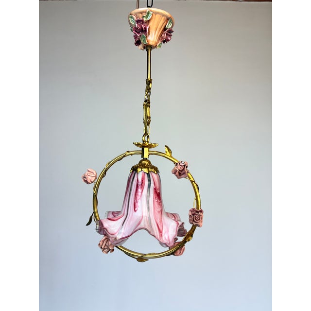 ⁠1970s Vintage Italian Pink Murano Ruffled Glass and Ceramic Rose Chandelier⁠ For Sale - Image 4 of 17