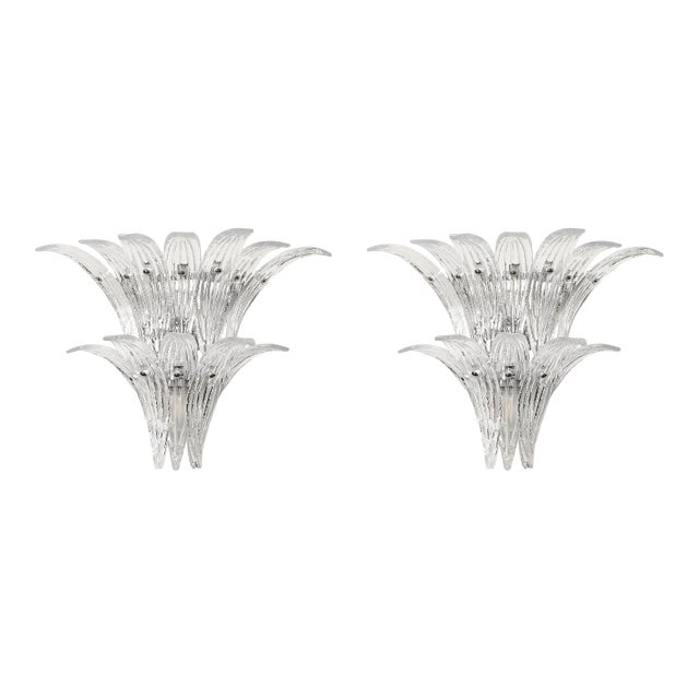 Pair of Modernist Hand-Blown Murano Clear Glass & Nickel Fitted Palma Sconces For Sale