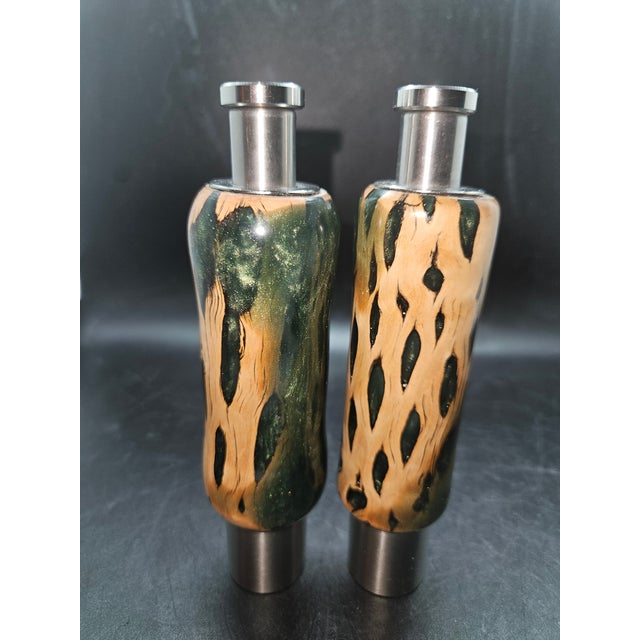 handcrafted one-handed salt and pepper mills featuring unique cholla cactus wood cast in resin with stainless steel...