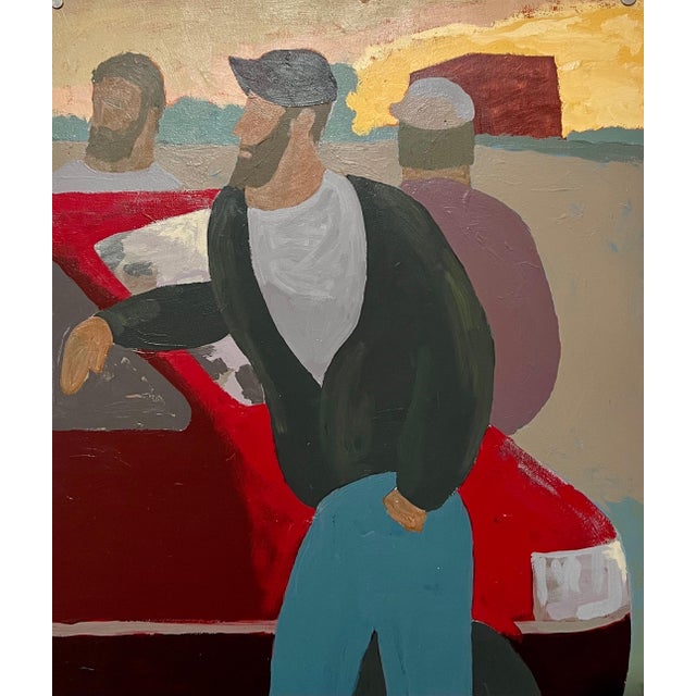 Edward Avedisian ( 1936-2007 ) Gouache or oil on paper, 3 guys around a car, hand signed in paint lower left, Measures...