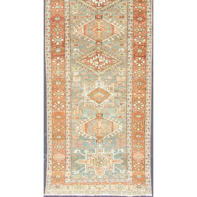 Antique Persian Heriz Runner With Geometric Medallion and Soft Colors 3'0 X 13'4 For Sale - Image 4 of 12