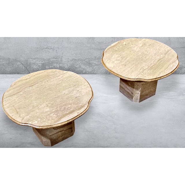 1970s Pair of 1970s Italian Travertine Scalloped Edge Pedestal End Tables For Sale - Image 5 of 17