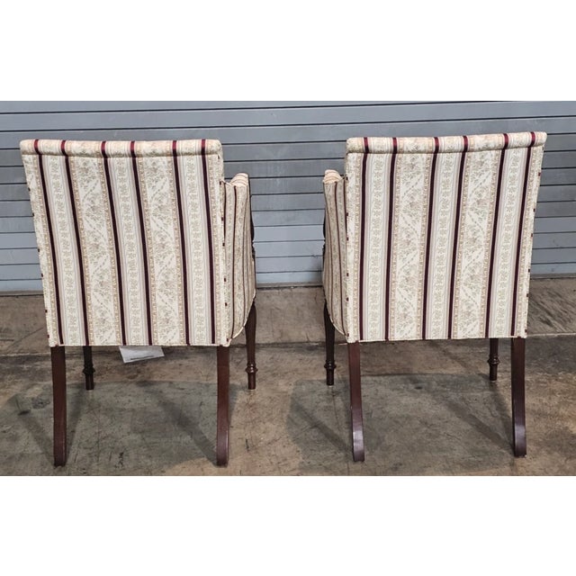 Brown Late 20th Century Pair of Southwood Sheraton Tub Arm Chair Mahogany Frame Burl Maple Inlays Silk Fabric For Sale - Image 8 of 12