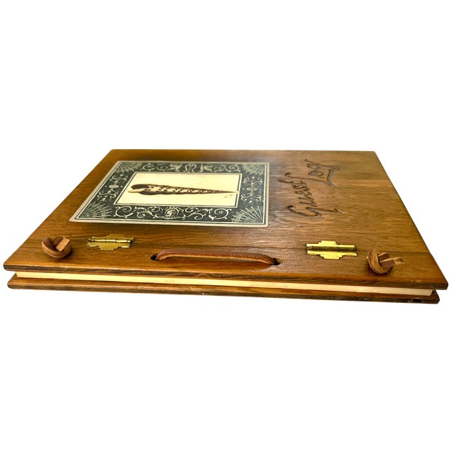 Bunny Williams Home Vintage Handcrafted Wooden Guest Book With Seashell Inlay & Leather Tie Closures For Sale - Image 4 of 9