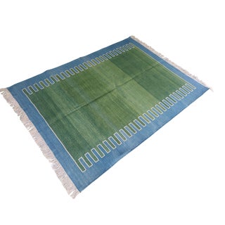 Handmade Cotton Rug, Green with Blue Geometric Border and Cream Fringe 8'x10' For Sale