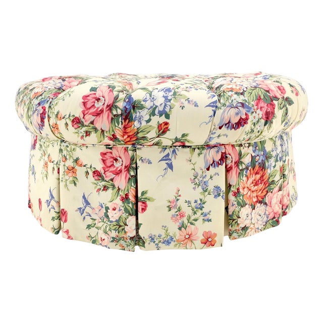 Drexel Large Tufted Floral Upholstery 35” Diameter Ottoman Foot Stool Bench MINT For Sale